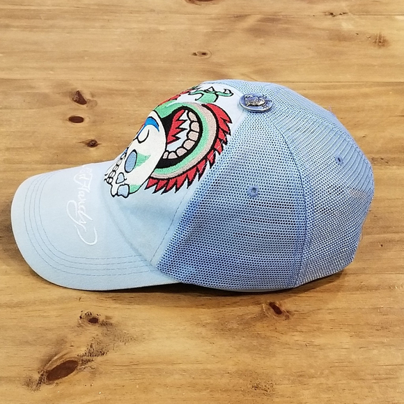 Ed Hardy Hat Cap Snapback Blue Tattoo Skull Dragon Logo Mesh Back Trucker - Picture 3 of 12